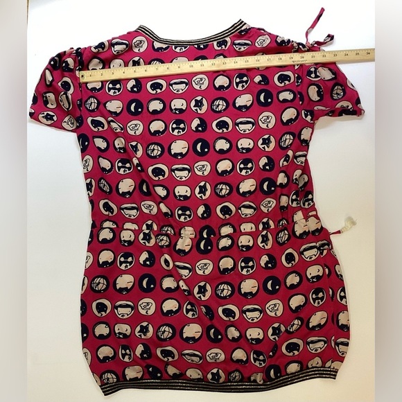 Anna Sui silk, lined dress, with drawstring waist, red with cream/black/silver. - Picture 8 of 15